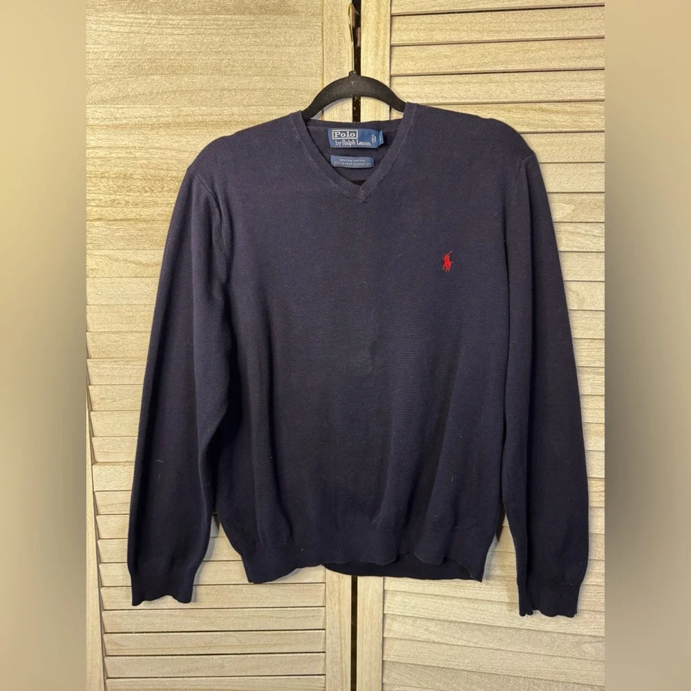 Polo Ralph Lauren V Neck Sweater Men Large Navy Merino Wool Pony Preppy Classic